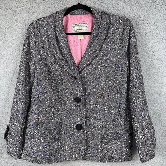 Aura Jacket Women 14 Gray Vintage Tweed Speckled Circle Blazer Office Y2K Boho - Picture 2 of 10